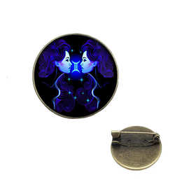 古铜色十二星座复古胸针时光宝石玻璃20MM配饰图片可定制创意礼品