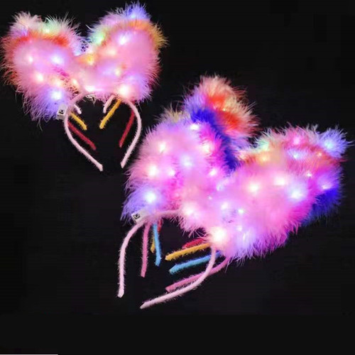 New luminous extended 14-light feather rabbit ear headband gold plush rabbit headband luminous toy wholesale