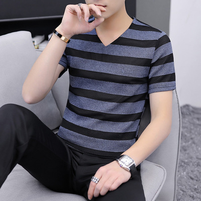 宏尓沃夏季男士短袖V領條紋T恤韓版修身網眼透氣大碼男裝打底衫