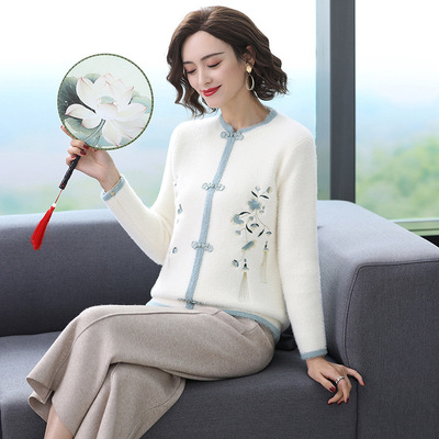 2019秋冬新款中國風刺繡水貂絨外套圓領長袖針織衫複古旗袍上衣女