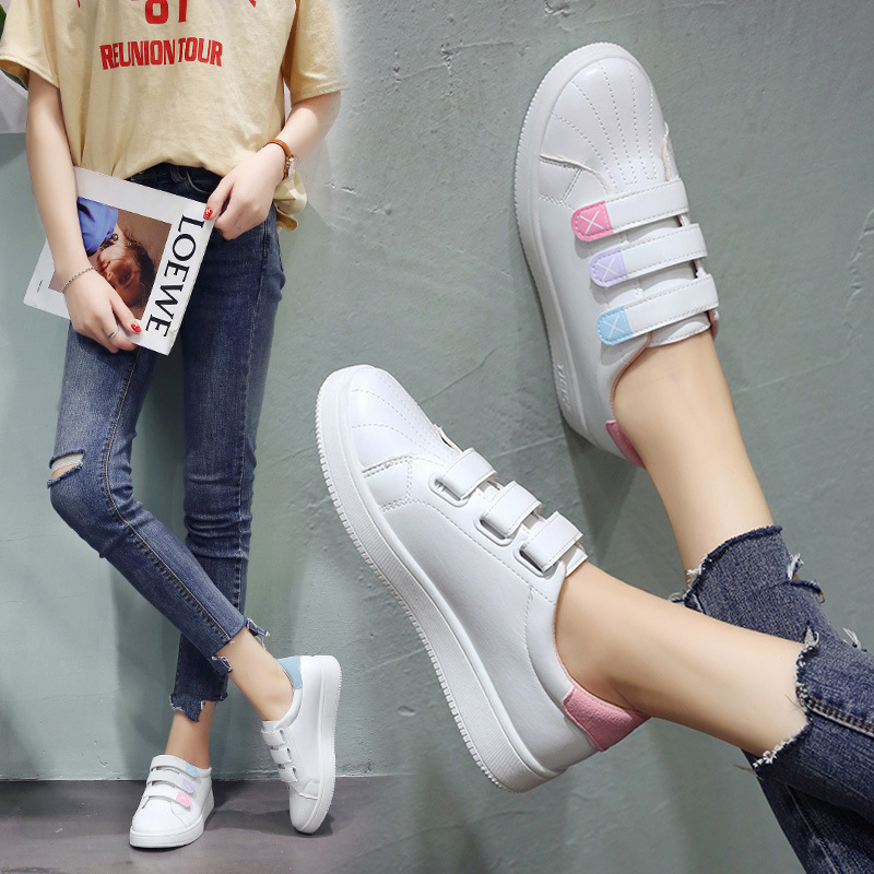 2019春夏季新款小白鞋女韓版學生平底百搭休閑板鞋低幫魔術貼板鞋