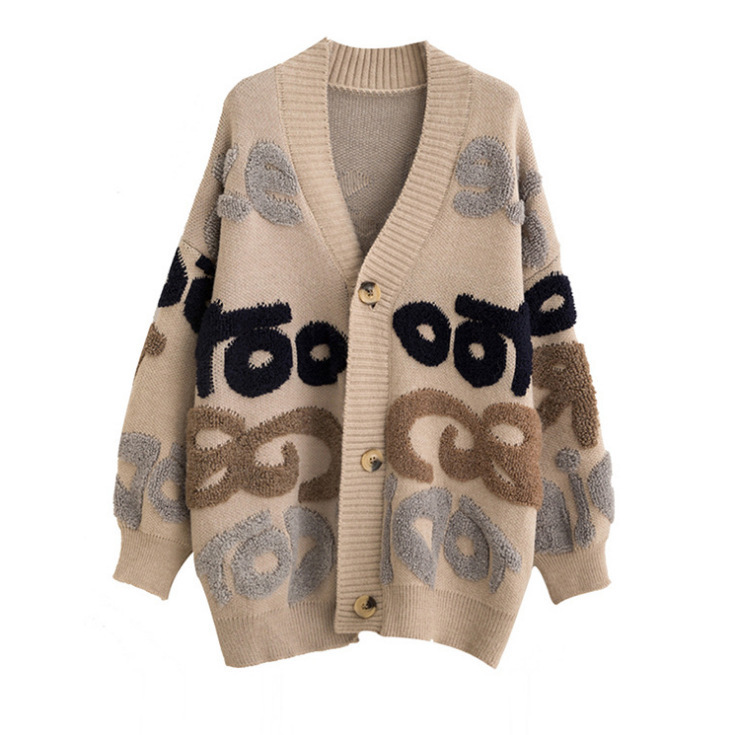 Primavera y otoño nueva suelta perezoso suéter abrigo de las mujeres de media longitud estilo coreano letras engrosada punto cardigan moda image 6