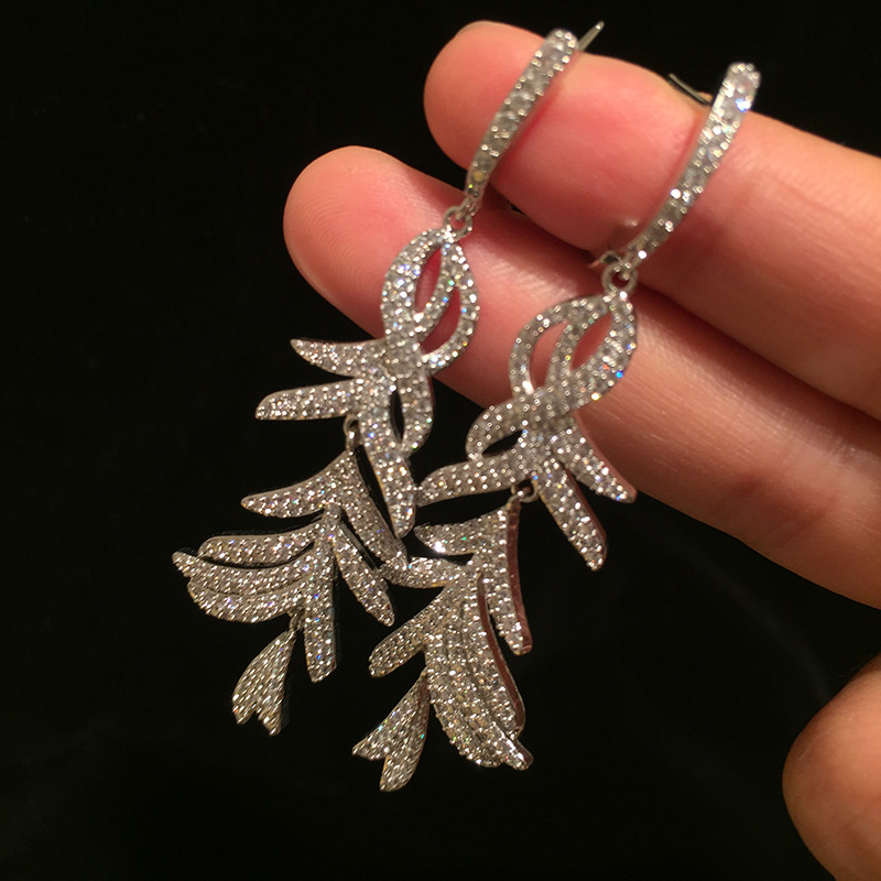 S925 Silver Needle Feather Earrings Super Flash Micro-inlaid Zircon Long Fringed Leaves Earrings display picture 5