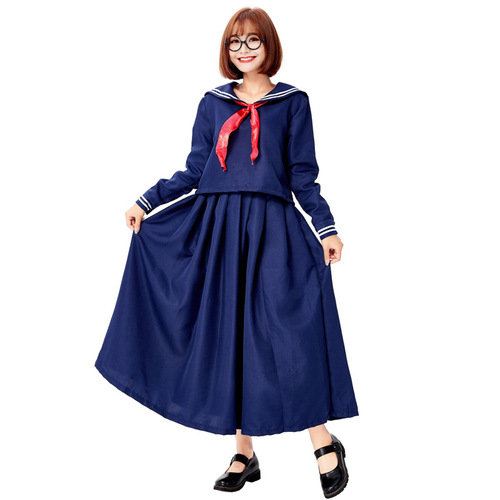 Adult women's Japanese navy sailor uniform dark blue split long sleeve v-neck Japanese school uniform with red scarf