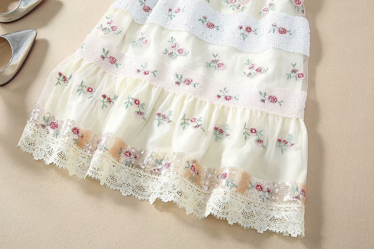 1219-05 珠片绣小花连衣裙码数SMLXL颜色蓝色杏粉色