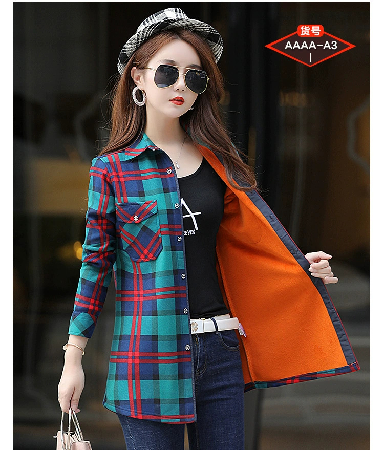 New Women Velvet Thick Warm Long Plaid Shirts Female Long Sleeve Tops M-3XL Size Female Winter Blouses Blusas Femininas Chemise long sleeve tops