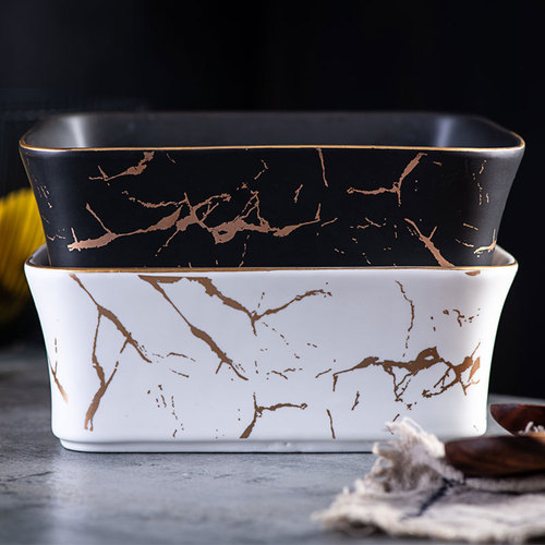 Nordic style fruit plate creative wooden frame square bowl household ceramic fruit plate square dessert bowl fruit salad bowl