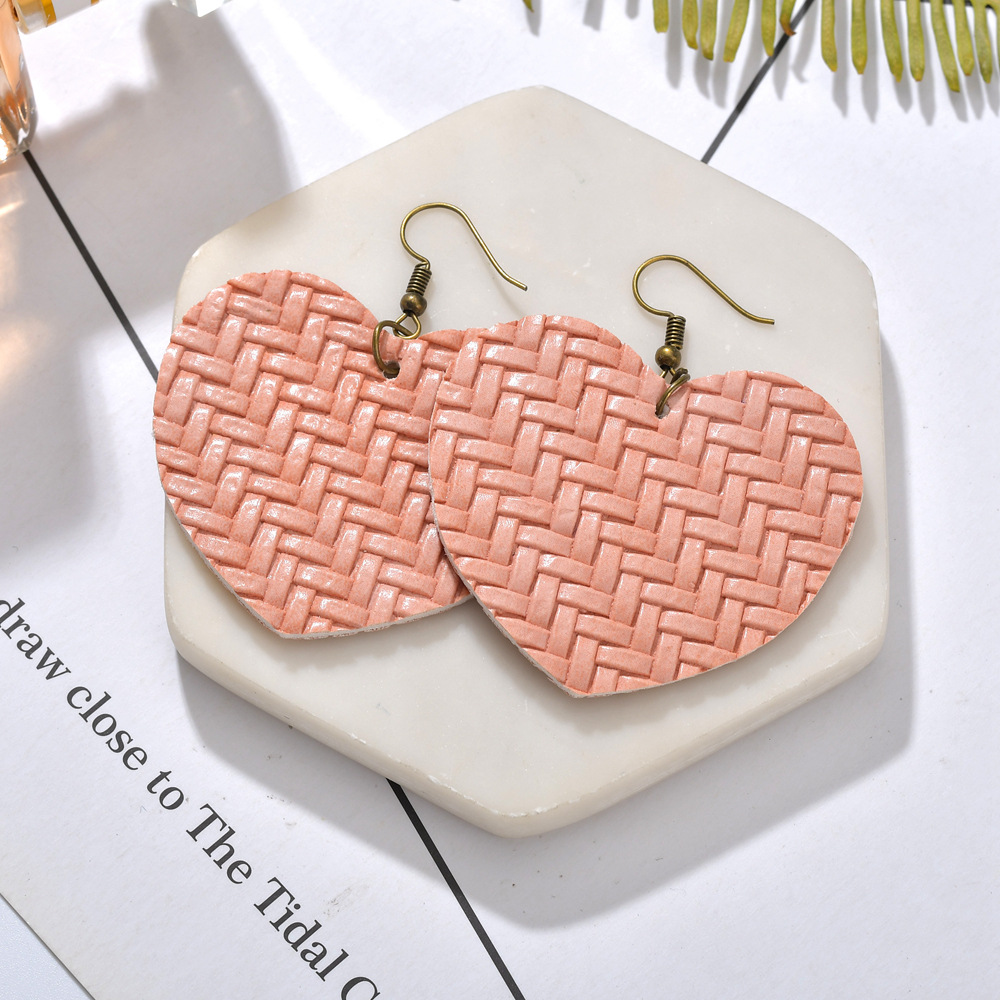 Grey, White, Pink, Red, Green, Black Color Retro Leather Weaving Heart-shape Pendant Earrings