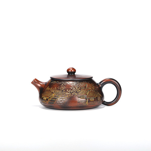 Yixing purple clay teapots are handmade and customized by famous manufacturers. Wholesale and delivery services. High-quality Nixing pottery carved and painted stone ladle teapots.