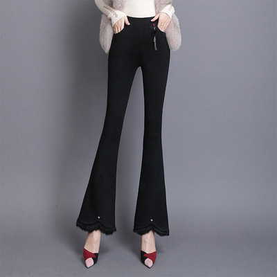 Large Fat sister 2021 spring and autumn new pattern Paige Show thin black Bell-bottoms leisure time cowboy Elastic force trousers