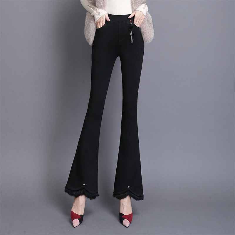 Large Fat sister 2021 spring and autumn new pattern Paige Show thin black Bell-bottoms leisure time cowboy Elastic force trousers