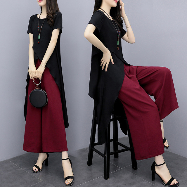 Fashionable Literature Cotton-linen Broad-legged Pants Two-piece 