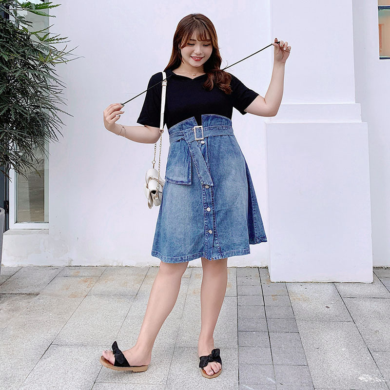 大码女装春夏装胖妹妹洋气显瘦胖mm遮肚子藏肉减龄牛仔拼接连衣裙|ms