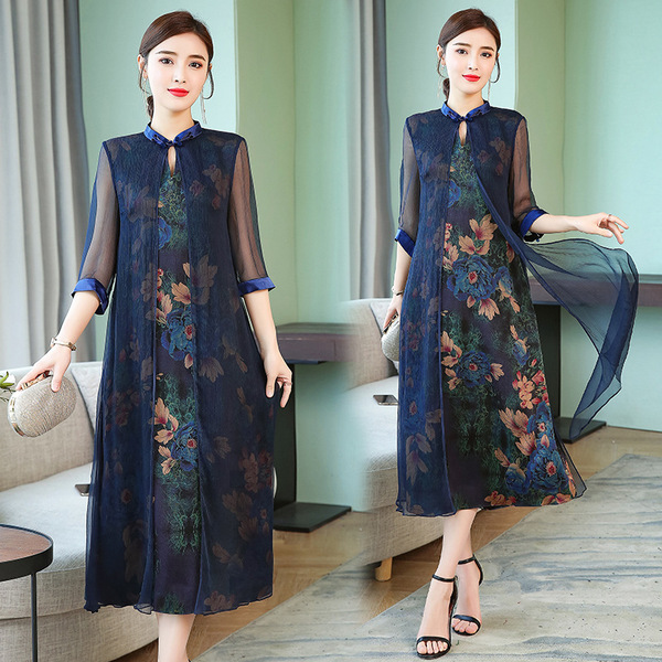 New Retro Silk Fragrant Cloud Yarn Fake Two Cheongsam Dresses