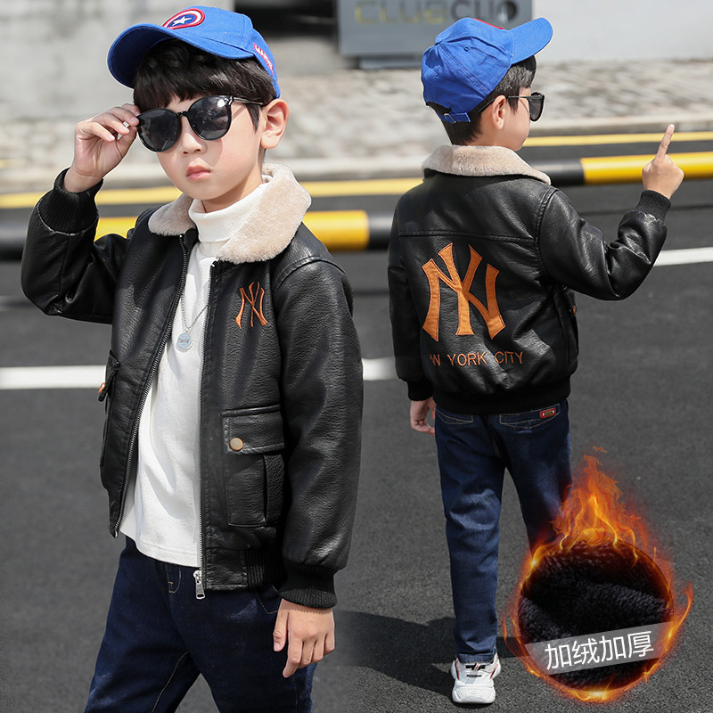 2019 Autumn and winter Plush thickening Children's clothing Boy have cash less than that is registered in the accounts PU leather clothing coat children locomotive leather jacket One piece On behalf of