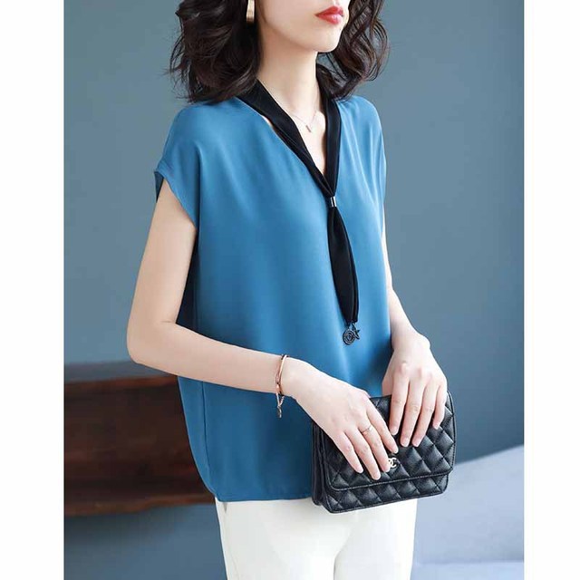 V-necktie short-sleeved chiffon blouse 