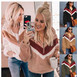 爆款 货源2021年秋冬季时尚拼接口袋拉链女上衣摇粒绒外套