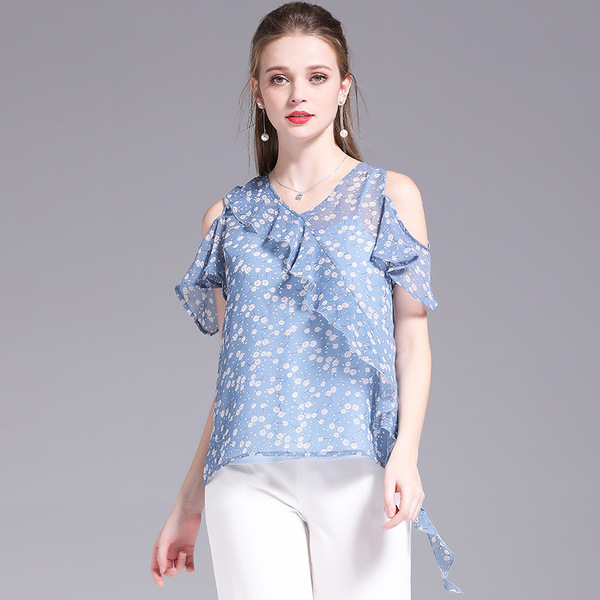 Summer New Lotus Leaf Edge Printed Chiffon Blouse Short Sleeves