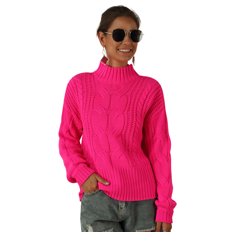 Maglione lavorato a maglia con cordino a maniche lunghe fluorescente da donna, maglione sciolto a collo semialto_voghion.com