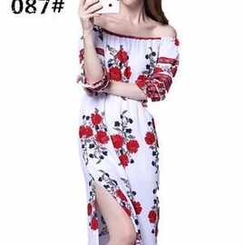 2019外贸爆款速卖通热卖欧美一字肩印花松紧腰开叉长款连衣裙