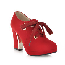 外贸款定制大码女鞋批发19春秋新款系带百搭单鞋红色高跟鞋代理