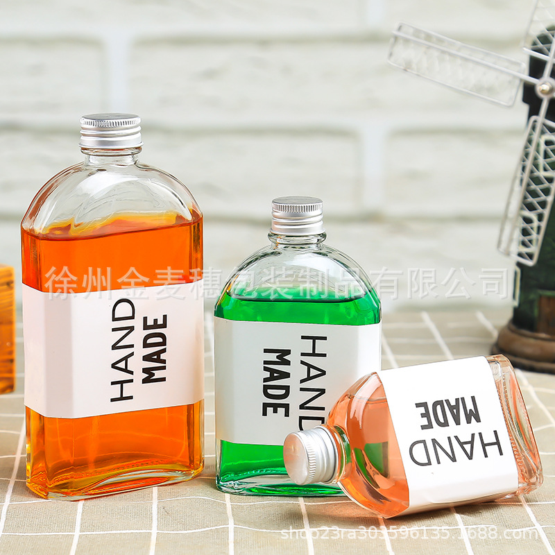 350ml新款果汁饮料瓶扁酒瓶咖啡冷饮奶茶瓶轻断食斜肩扁玻璃空瓶