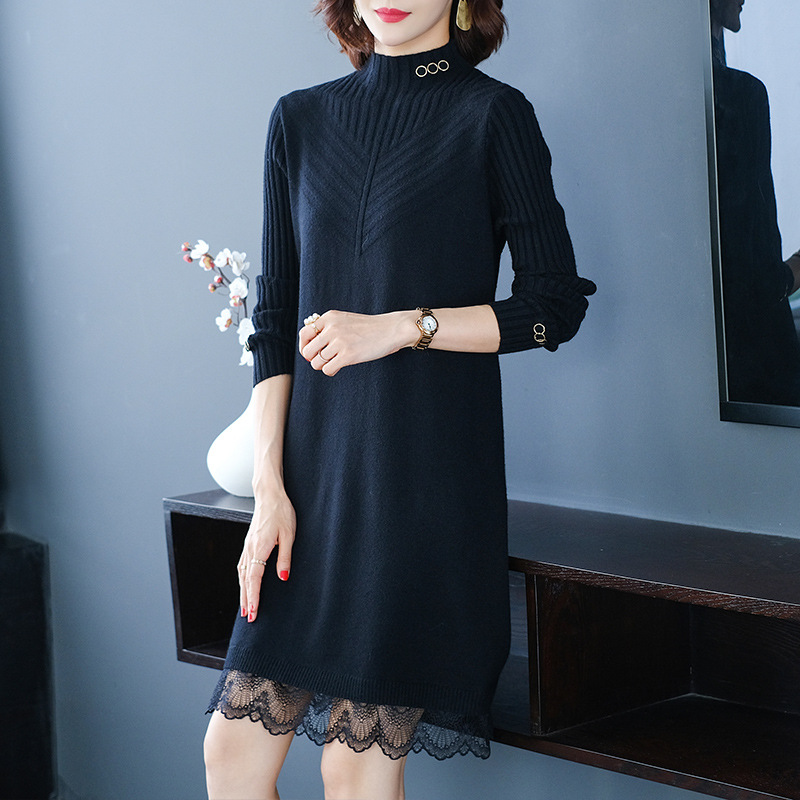 Mid length version sweater Autumn and winter 2019 new pattern Easy Western style Lace Overknee Base coat Popular knitting Dress