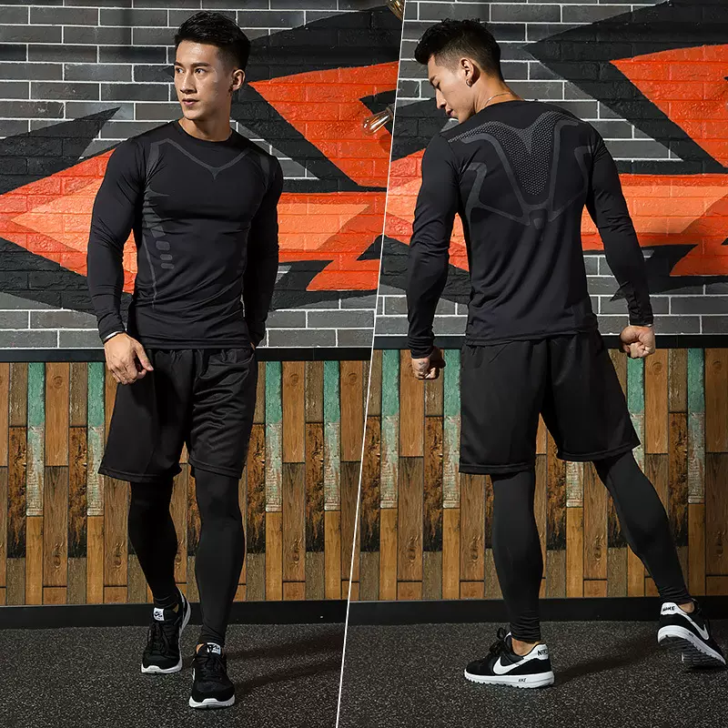 健身服套装男跑步运动速干衣紧身衣训练服晨跑秋季夜跑五件套六件