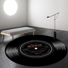 跨境一件代发复古时尚个性黑胶唱片印花圆形防滑客厅卧室地垫地毯