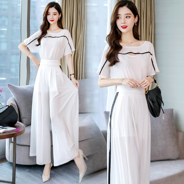 Broad-legged pants suit new summer two-piece Chiffon jacket  