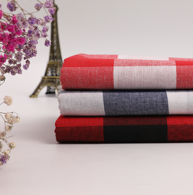 春夏薄款 印花棉麻衬衫面料 桌布童装连衣裙格子衬衫布 现货供应