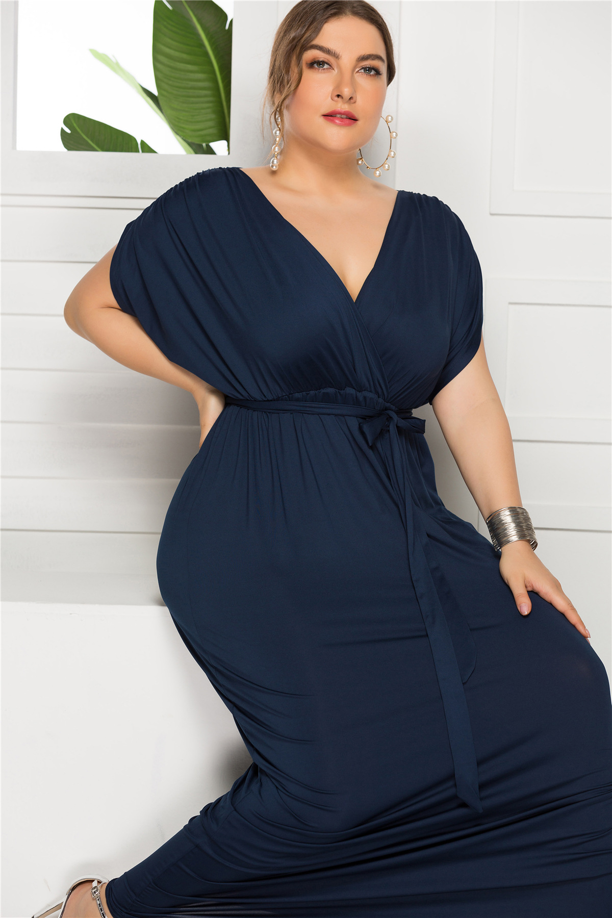 plus size new sexy solid color V-neck loose big dress NSLM30324