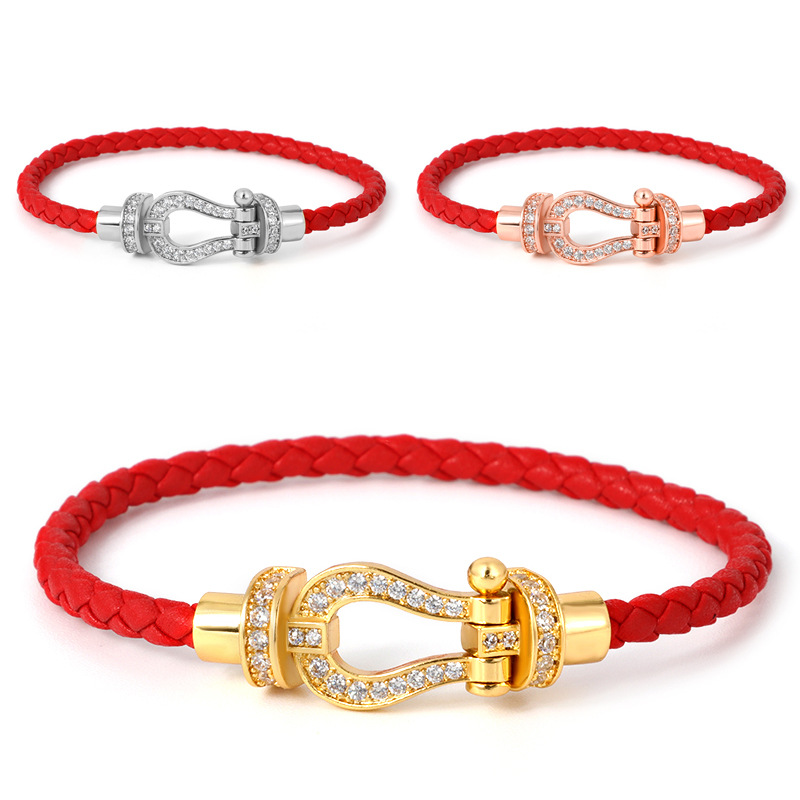Daily Occasion Copper Material Simple Style Commute Horseshoe Zircon Leather Rope Copper Wholesale Bangle