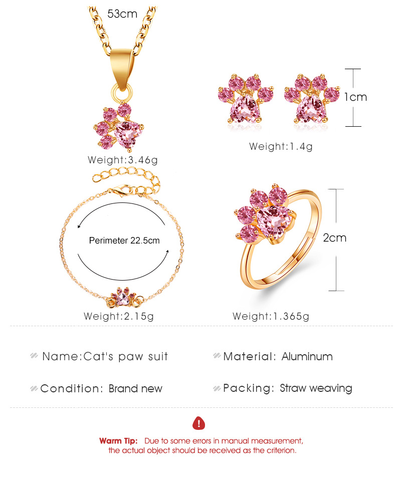 Coréen Style De Mode Ensemble Mignon De Bande Dessinée De Chat Patte Collier Oreille Stud Quatre-pièce Chat Empreintes Zircon Anneau Bracelet Pour Les Femmes display picture 1