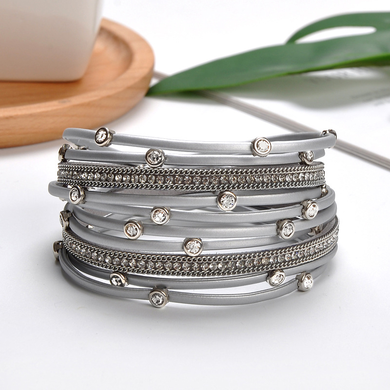 Bracelets Classification Leather Rope Chain Material 1 Piece Quantity Simple Style Round Pu Leather Alloy Inlay Artificial Rhinestones Water Plating Men's Bracelets Men Cord & Leather Bracelets
