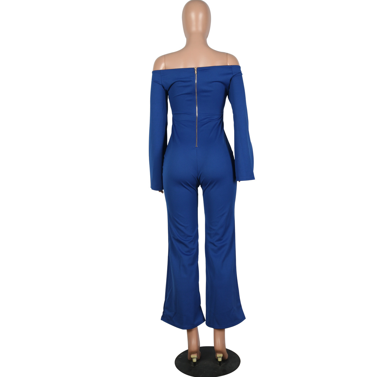 Boutique Casual Solid Color Long Sleeves Cropped off Shoulder Jumpsuit