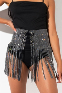 Women young girls black silver sequined jazz dance tassel skirts gogo dancers hot dance stage performance bling skirts flash diamond lace skirt