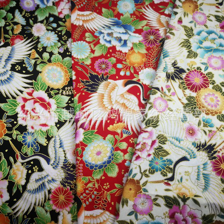 棉布日式和风烫金布 仙鹤牡丹三色现货批发精美和服面料包裹布