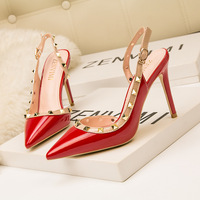 9288-23 Euro-American Style Simple Fashion Sexy Night Club Fine heel high heel shallow mouth pointed rivet hollow female sandals
