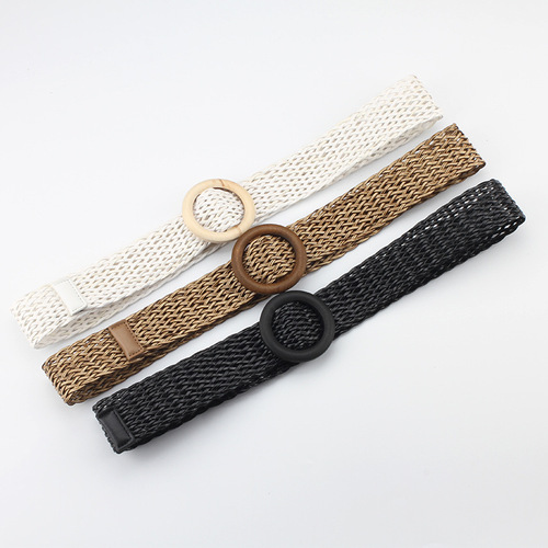 New Korean style cotton and linen woven belt for women round wooden buckle dress gown decorative belt