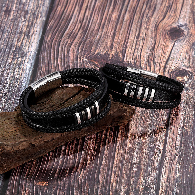 European and American Explosions Stainless Steel Leather Bracelet Men's Multi-layer Woven Leather Bracelet AliExpress Amazon Hot Selling