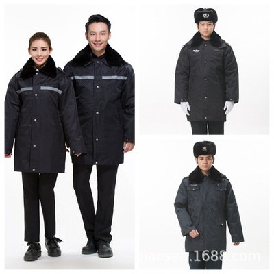 中长款棉服安保多功能大衣反光条执勤袄冬门卫物业藏蓝墨绿色