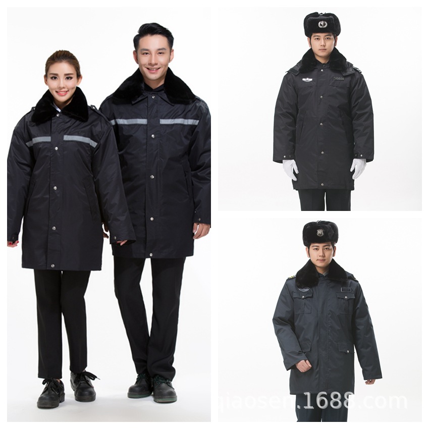 中长款棉服安保多功能大衣反光条执勤袄冬门卫物业藏蓝墨绿色