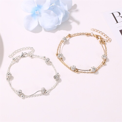 European and American Fashion Double Anklet Chain, Shambhala Diamond Ball Crystal Women's Layered Simple Alloy Beach Anklet Jewelry
