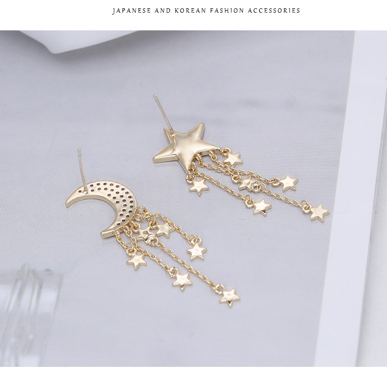 Asymmetric Mother-of-pearl Stars Moon Tassel Earrings Personality Wild Earrings display picture 2