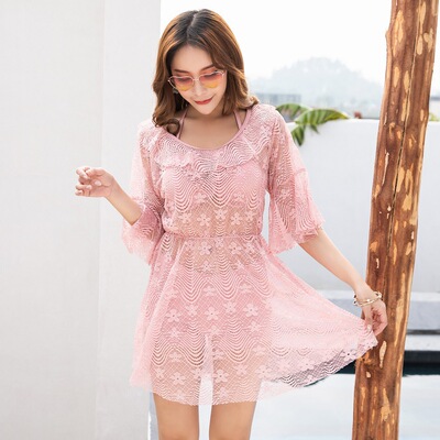 2019性感罩衫分体泳装女小胸钢托聚拢保守平角比基尼三件套泳衣