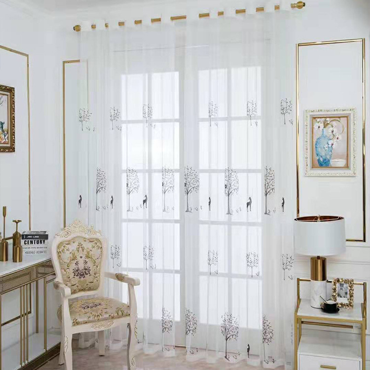 新款繡花窗紗 客廳百搭網格發財樹小鹿繡花紗窗簾成品廠家批發
