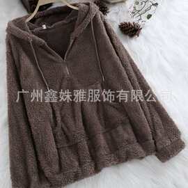 2019wish亚马逊eBay春秋新款欧美双面绒V领连帽卫衣保暖插袋上衣