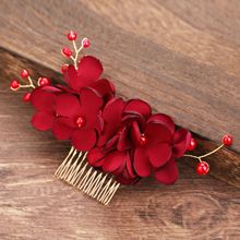 韓式新娘紅色花朵布藝珍珠發梳 跨境婚禮配飾頭飾發飾插梳批