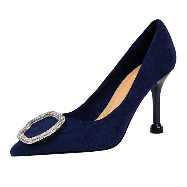 high-heeled suede single shoe shallow sharp metal drill buckle  